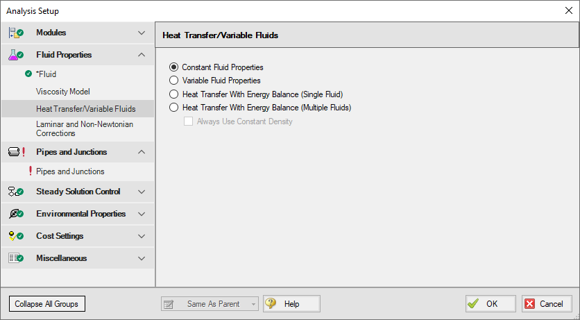 The Heat Transfer panel in Analysis Setup.